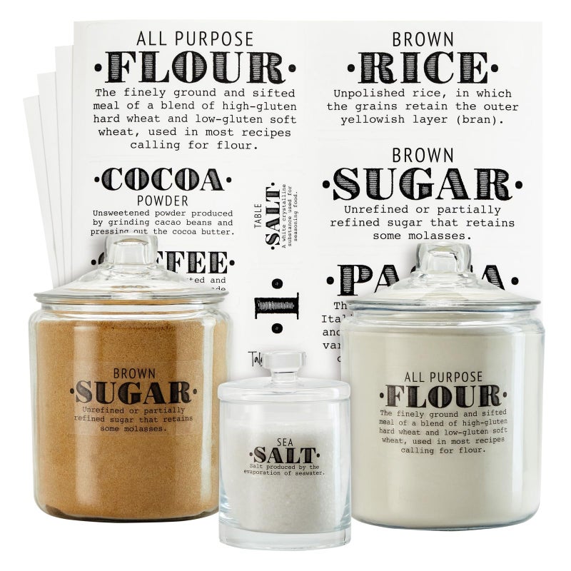Talented Kitchen Preprinted Pantry Labels - Waterproof Kitchen Organization & Food Storage Labels - Flour, Sugar & Cornmeal Vinyl Sticker Set - 36 Pack, Medium, Clear Vinyl, Black Print - Image 1